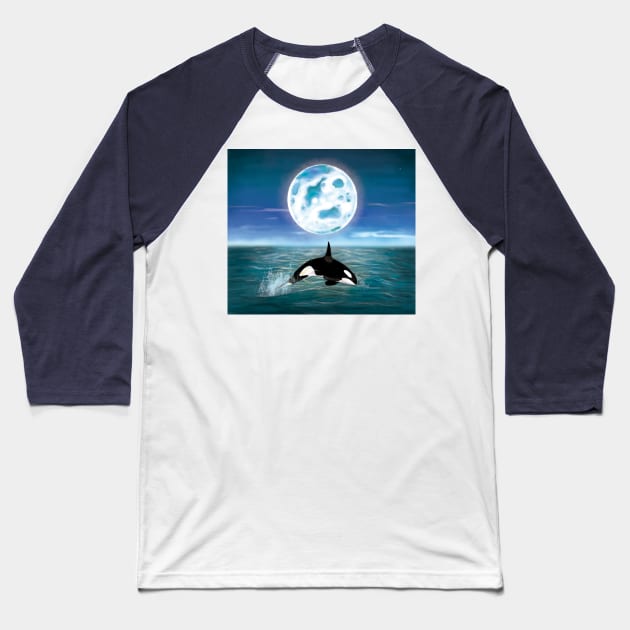 Killer Whale Swimming Under the Full Moonlight Baseball T-Shirt by Brushes with Nature